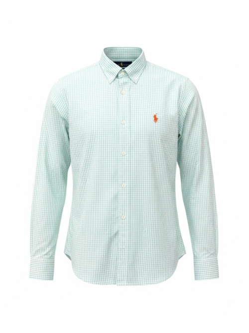 Camisa Ralph Lauren Masculina Micro Xadrez Verde Água Pony Laranja