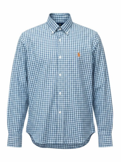 Camisa Ralph Lauren Masculina Xadrez Cinzento Pony Laranja