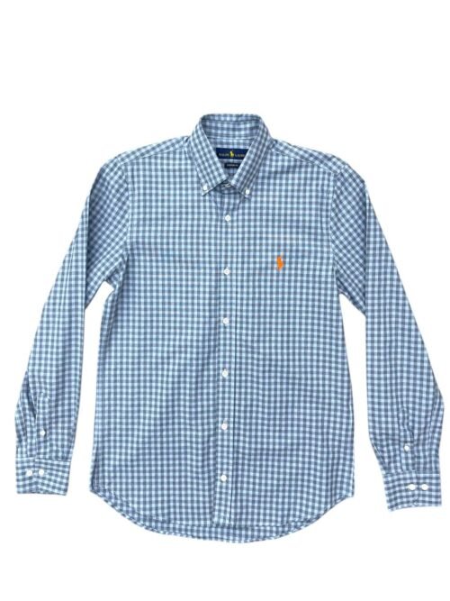 Camisa Ralph Lauren Masculina Xadrez Cinzento Pony Laranja