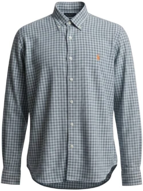 Camisa Ralph Lauren Masculina Xadrez Cinzento Pony Laranja