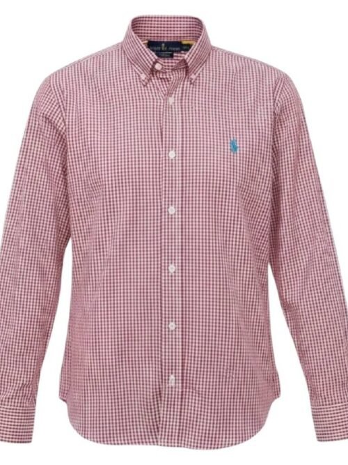 Camisa Ralph Lauren Masculina Micro Xadrez Vermelho Pony Azul Celeste