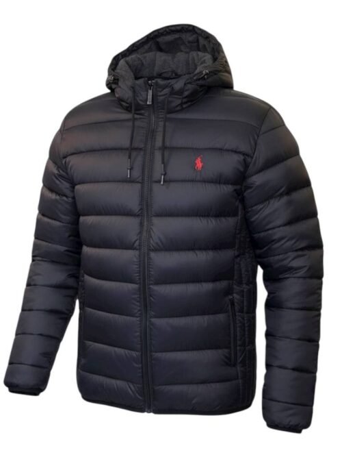 Jaqueta Puffer Ralph Lauren Capuz retirável Preta com Pony Vermelho