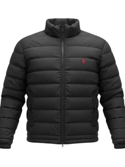 Jaqueta Puffer Ralph Lauren Capuz retirável Preta com Pony Vermelho