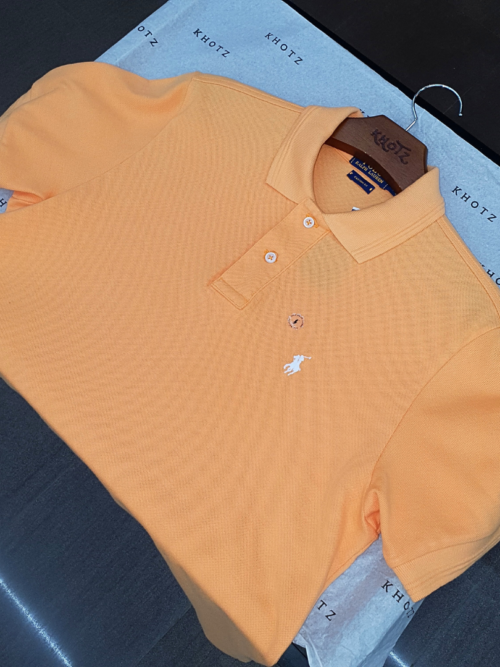 Polo Ralph Lauren Masculina Abóbora Pony Branco Gola Diferenciada