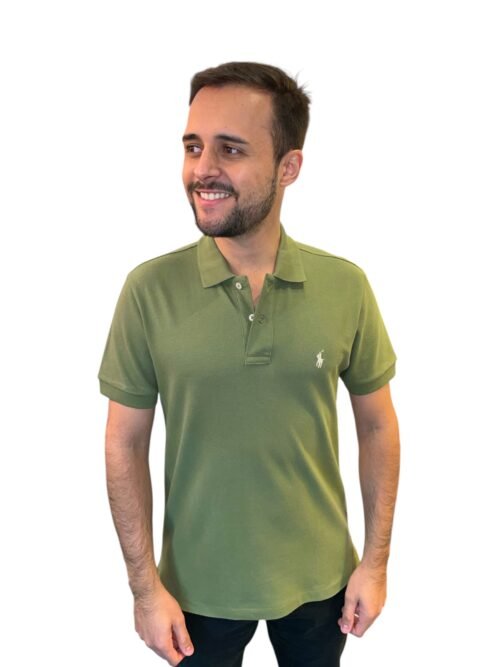 Polo Ralph Lauren Masculina Verde Oliva Pony Branco