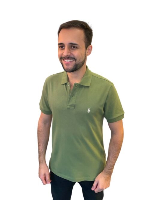 Polo Ralph Lauren Masculina Verde Oliva Pony Branco