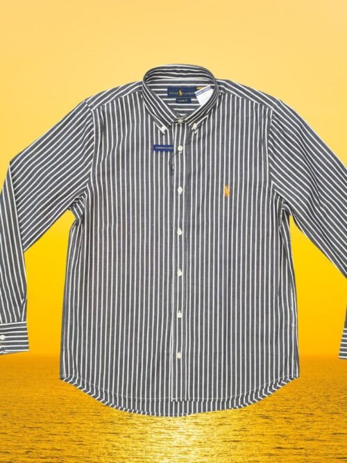 Camisa Ralph Lauren Masculina Grafite Listras Brancas Pony Dourado