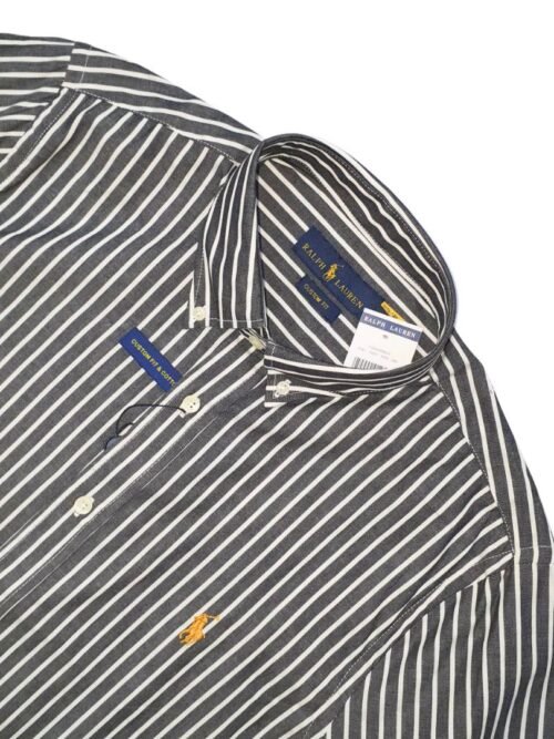 Camisa Ralph Lauren Masculina Grafite Listras Brancas Pony Dourado