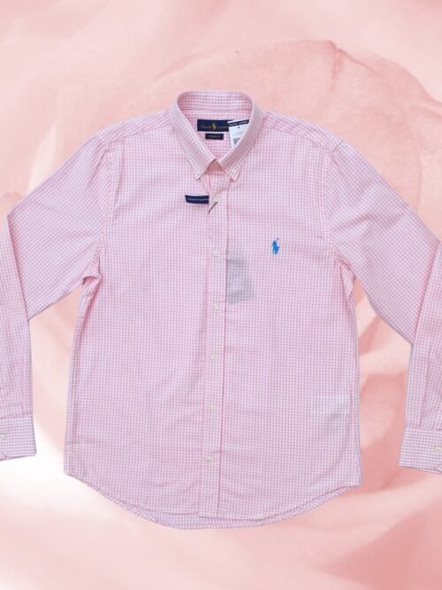 Camisa Ralph Lauren Masculina Micro Xadrez Rosa Pony Azul Bebê