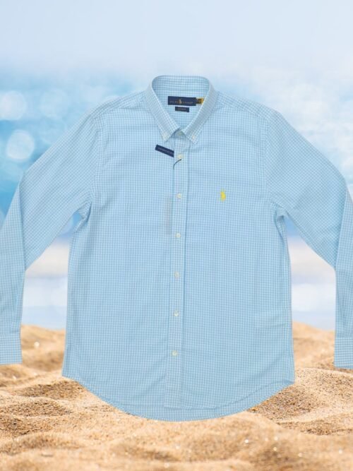 Camisa Ralph Lauren Masculina Micro Xadrez Azul Bebê Pony Amarelo