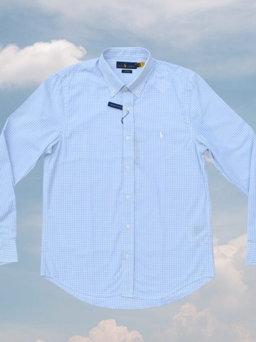 Camisa Ralph Lauren Masculina Micro Xadrez Azul Bebê Pony Branco
