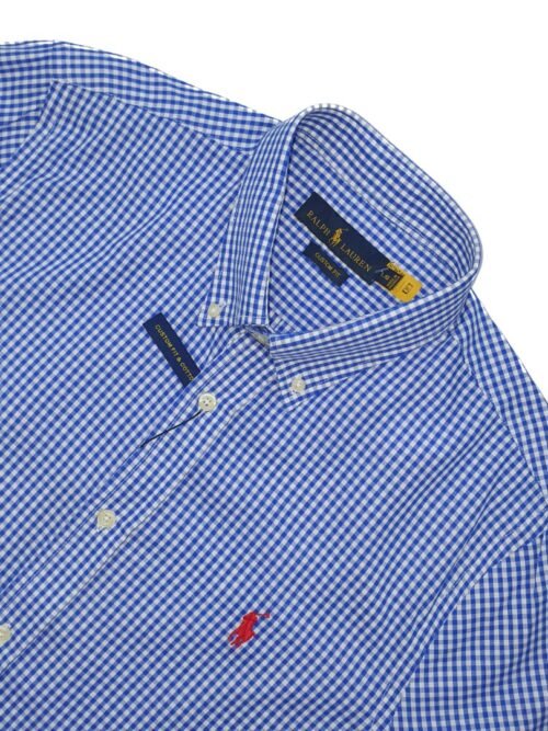 Camisa Ralph Lauren Masculina Micro Xadrez Azul Royal Pony Vermelho