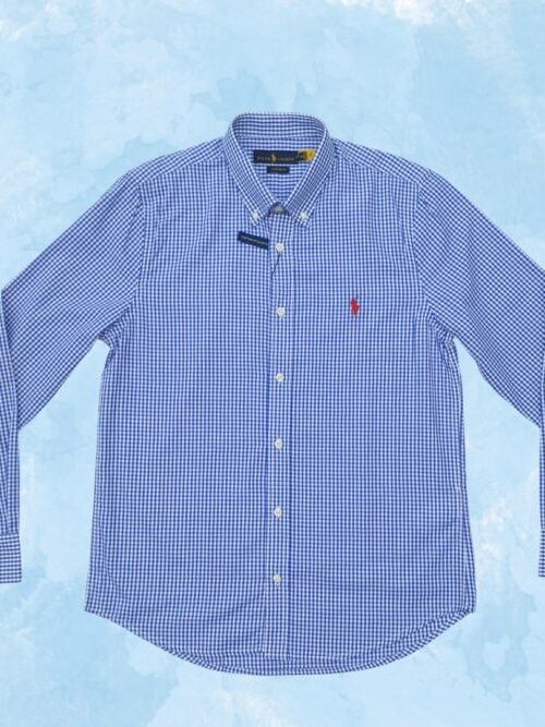 Camisa Ralph Lauren Masculina Micro Xadrez Azul Royal Pony Vermelho