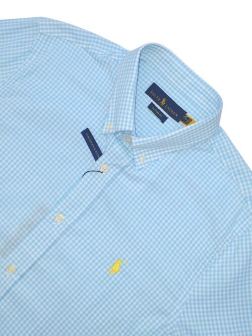 Camisa Ralph Lauren Masculina Micro Xadrez Azul Bebê Pony Amarelo