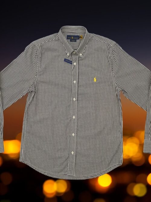 Camisa Ralph Lauren Masculina Micro Xadrez Preta Pony Amarelo