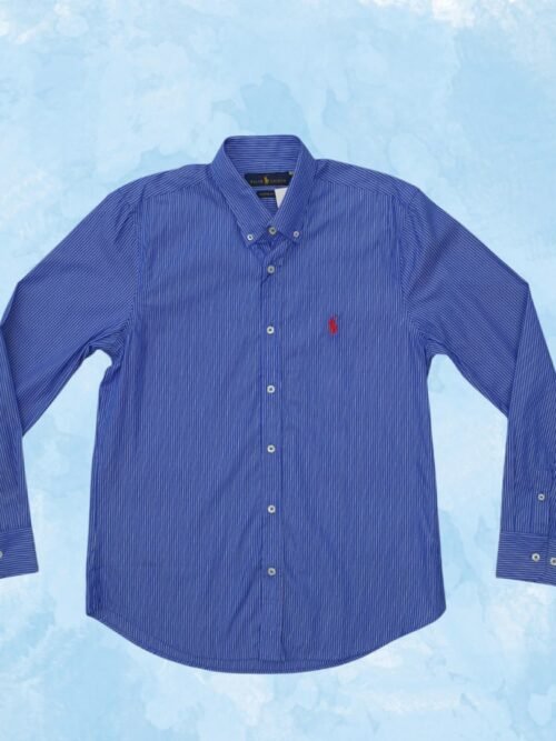 Camisa Ralph Lauren Masculina Azul Listras Brancas e Pony Vermelho