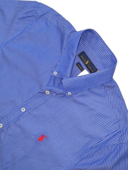 Camisa Ralph Lauren Masculina Azul Listras Brancas e Pony Vermelho