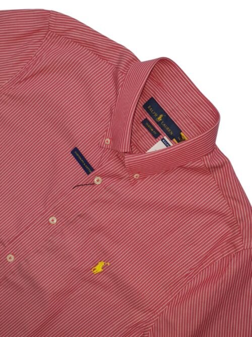 Camisa Ralph Lauren Masculina Vermelha Listras Brancas e Pony Amarelo