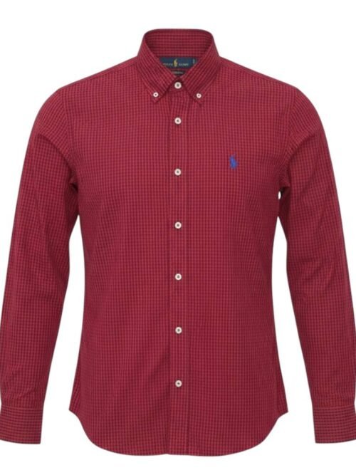 Camisa Ralph Lauren Masculina Micro Xadrez Australiano Bordô Pony Azul