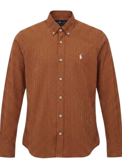 Camisa Ralph Lauren Masculina Micro Xadrez Australiano Caramelo Pony Branco