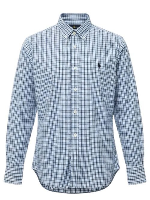 Camisa Ralph Lauren Masculina Micro Xadrez Azul Celeste Pony Preto