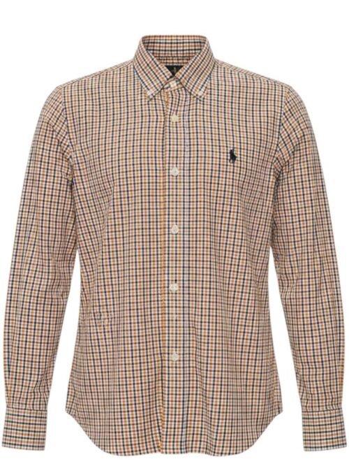 Camisa Ralph Lauren Masculina Micro Xadrez Laranja Pony Preto