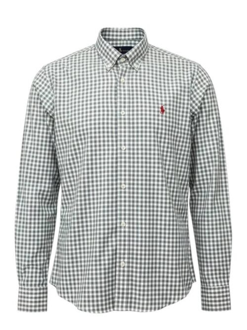 Camisa Ralph Lauren Masculina Xadrez Cinzento Pony Vermelho
