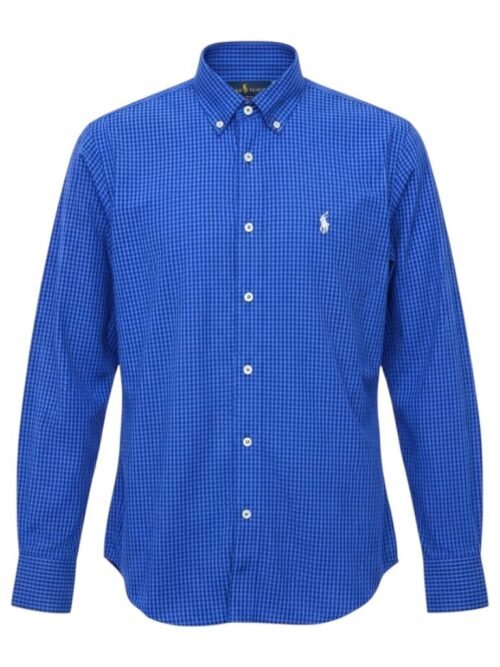 Camisa Ralph Lauren Masculina Micro Xadrez Australiano Azul Pony Cinza