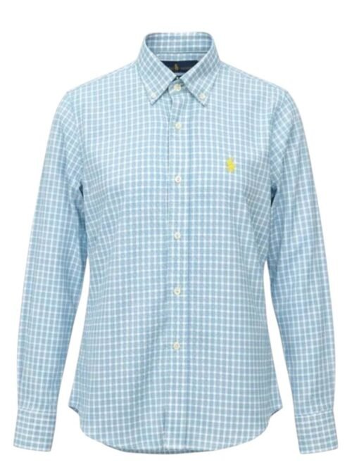 Camisa Ralph Lauren Masculina Xadrez Europeu Azul Bebê Pony Amarelo