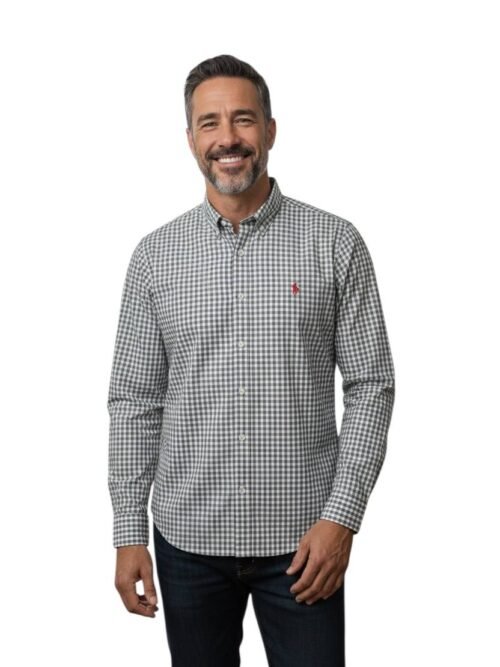 Camisa Ralph Lauren Masculina Xadrez Cinzento Pony Vermelho