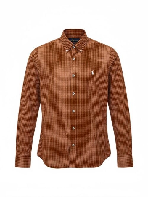 Camisa Ralph Lauren Masculina Micro Xadrez Australiano Caramelo Pony Branco
