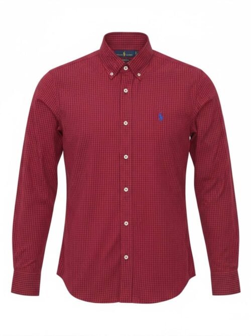 Camisa Ralph Lauren Masculina Micro Xadrez Australiano Bordô Pony Azul