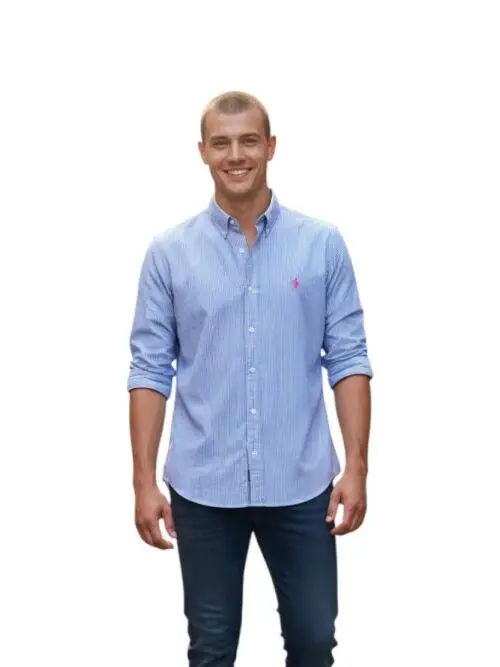 Camisa Ralph Lauren Masculina Azul Listras Executiva Pony Rosa