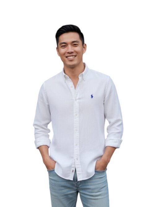 Camisa Ralph Lauren Masculina Linho cor Branca Pony Marinho