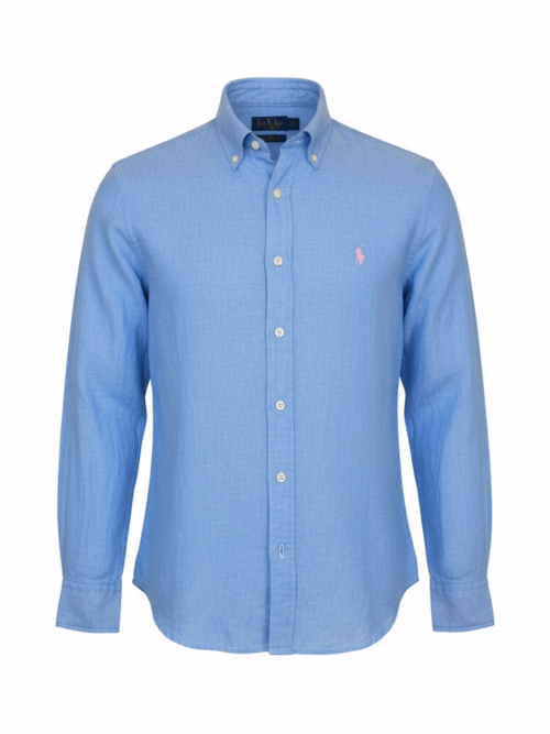 Camisa Ralph Lauren Masculina Linho cor Azul Pony Rosa