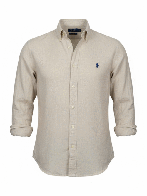 Camisa Ralph Lauren Masculina Linho cor Bege Natural Pony Marinho