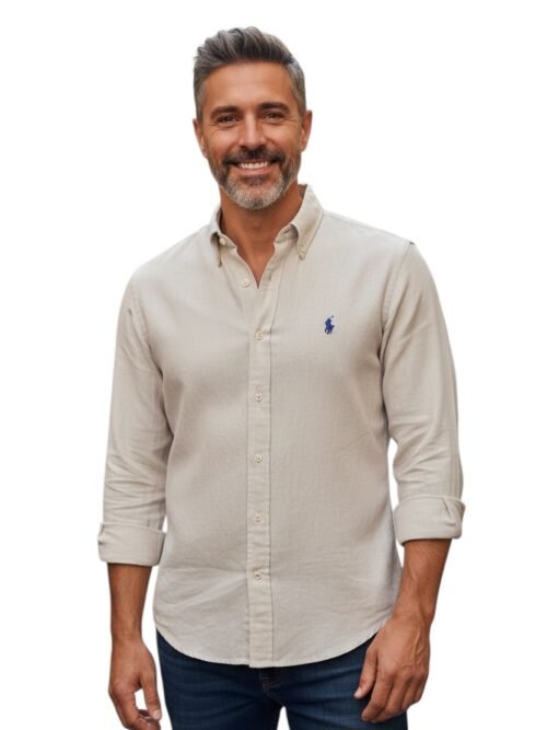 Camisa Ralph Lauren Masculina Linho cor Bege Natural Pony Marinho