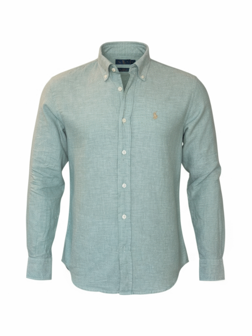Camisa Ralph Lauren Masculina Linho cor Verde Oliva Pony Dourado