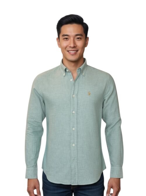 Camisa Ralph Lauren Masculina Linho cor Verde Oliva Pony Dourado