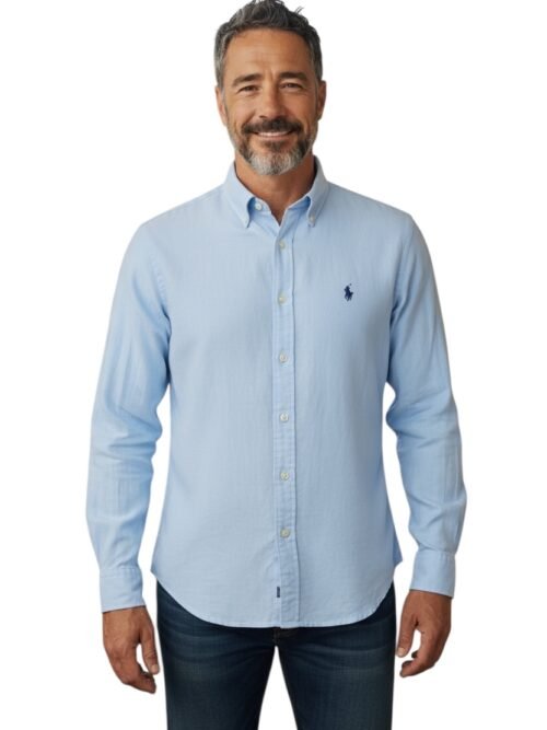 Camisa Ralph Lauren Masculina Linho cor Azul Bebê Pony Azul