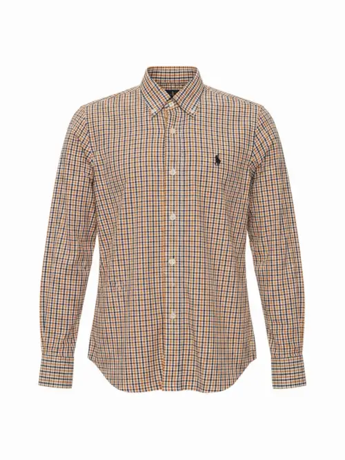 Camisa Ralph Lauren Masculina Micro Xadrez Laranja Pony Preto