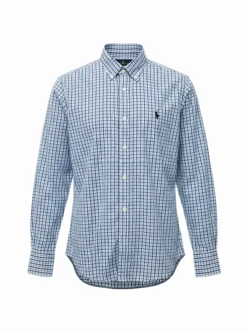 Camisa Ralph Lauren Masculina Micro Xadrez Azul Celeste Pony Preto