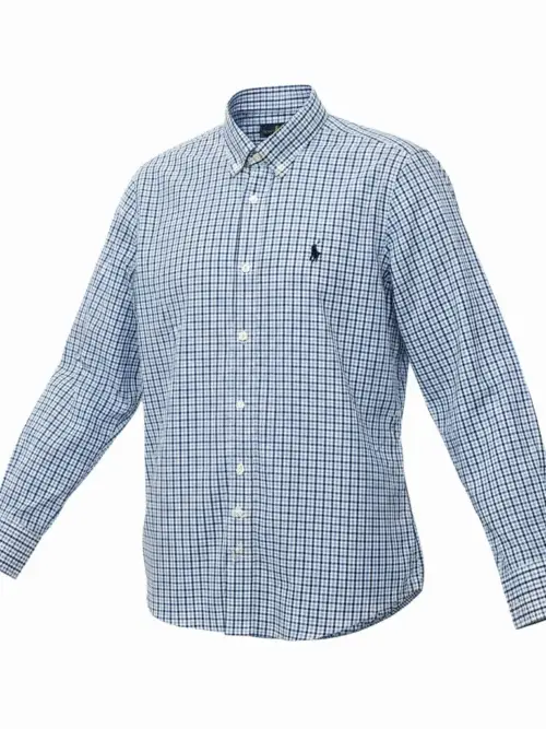 Camisa Ralph Lauren Masculina Micro Xadrez Azul Celeste Pony Preto