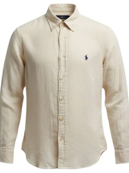 Camisa Ralph Lauren Masculina Linho cor Bege Natural Pony Marinho