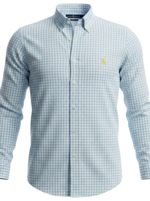 Camisa Ralph Lauren Masculina Xadrez Europeu Azul Bebê Pony Amarelo