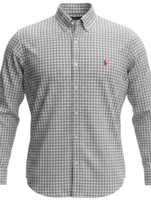 Camisa Ralph Lauren Masculina Xadrez Cinzento Pony Vermelho