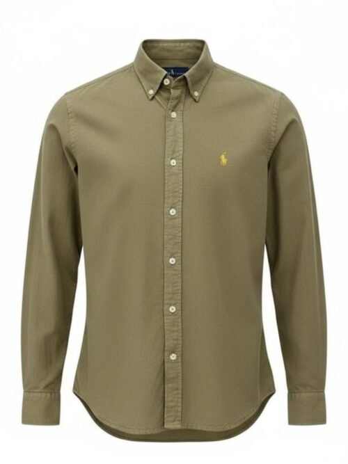 Camisa Ralph Lauren Masculina Oxford Tinturado Verde Exército Pony Dourado