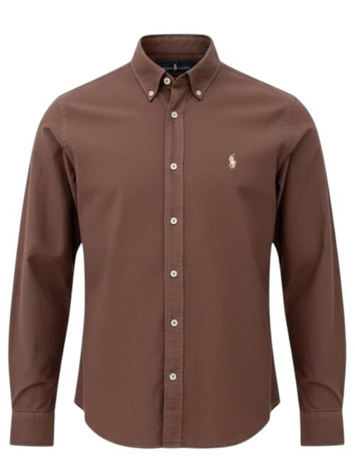Camisa Ralph Lauren Masculina Oxford Tinturado Marrom Escuro Pony Creme