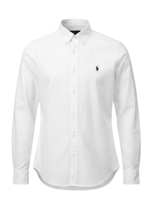 Camisa Ralph Lauren Masculina Oxford Tinturado Branca Pony Marinho
