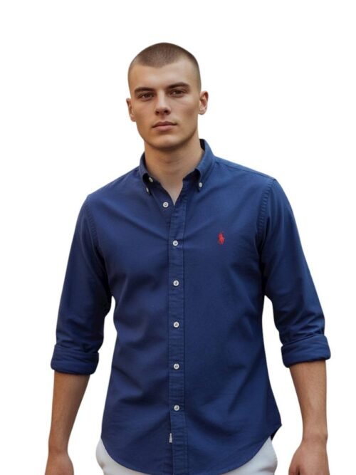 Camisa Ralph Lauren Masculina Oxford Tinturado Marinho Pony Vermelho